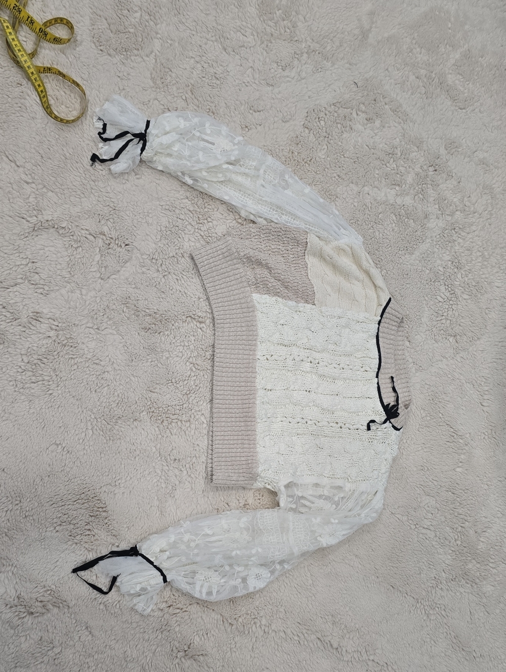 Anthropologie White & Black Lace-Trim Cable Knit Scoop Sweater